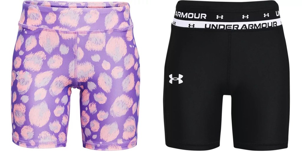 stock images of purple and pink spotted and black and white Under Armour bike shorts 
