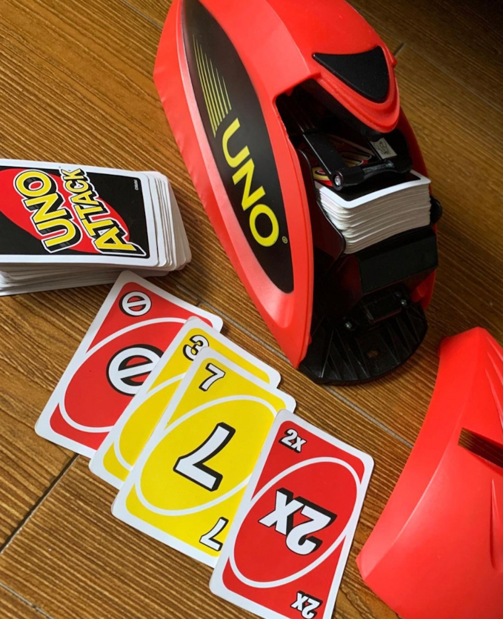 uno attack game on wood table 