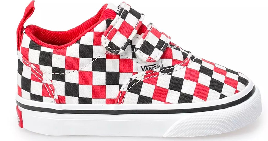 red, white and black checkered toddler shoes