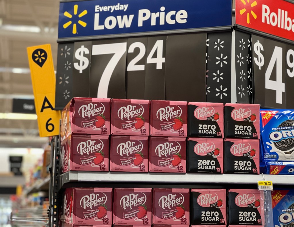 Display of Dr Pepper Strawberries and Cream soda at Walmart