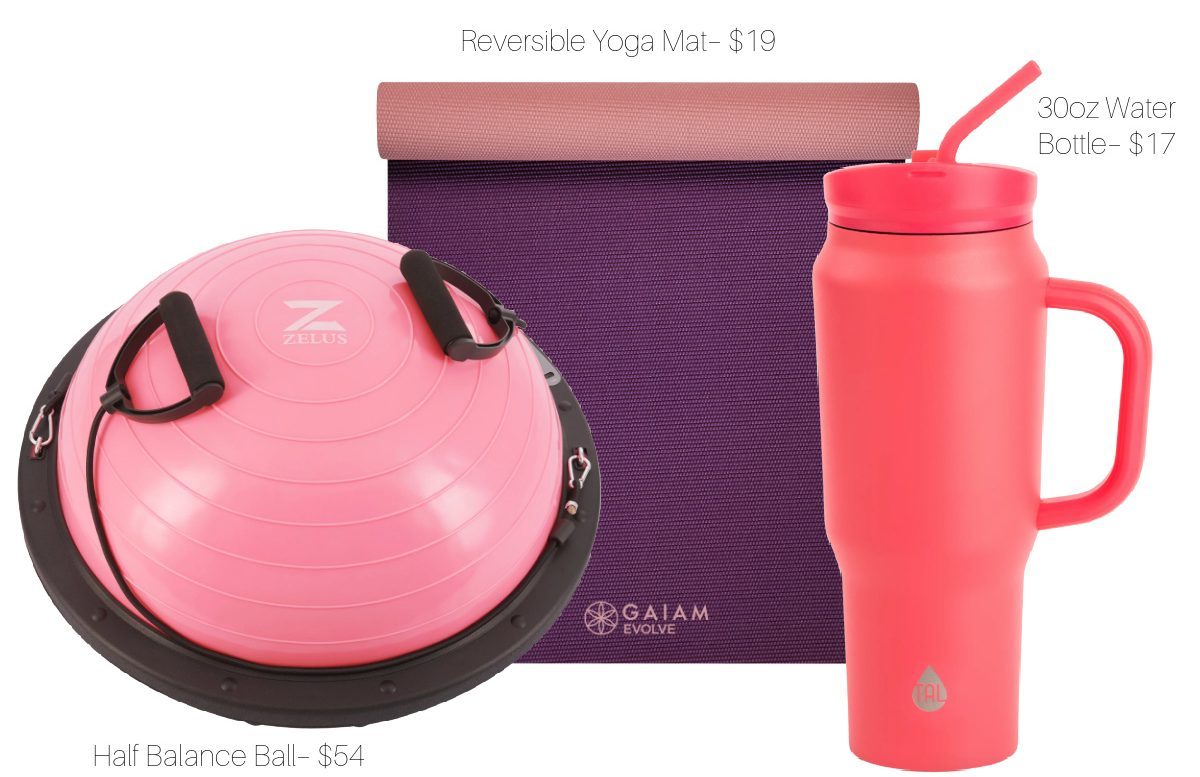 balance ball yoga mat and water bottle