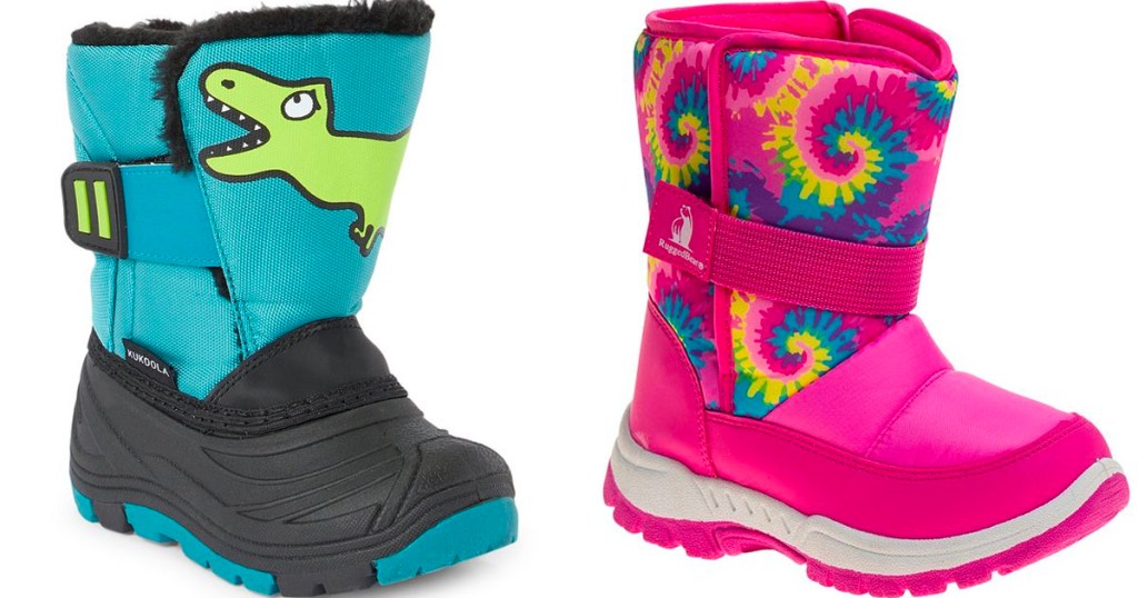 toddler blue snow boot with aligator and pink tye dye snow boot stock images