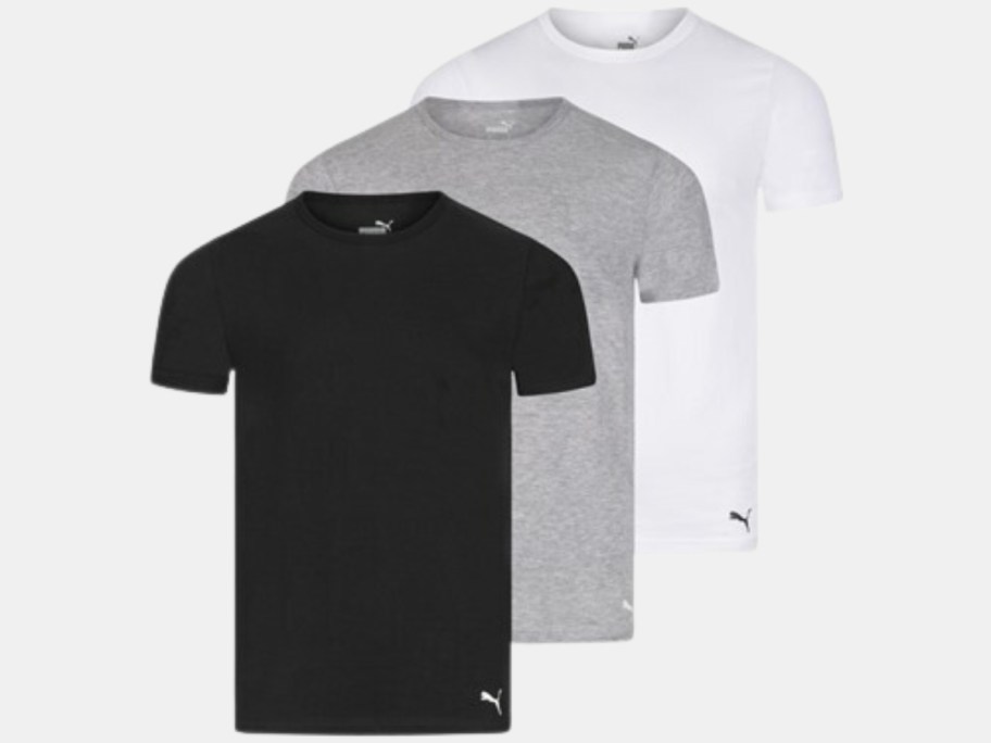 solid black, grey, and white men's PUMA crewneck tees