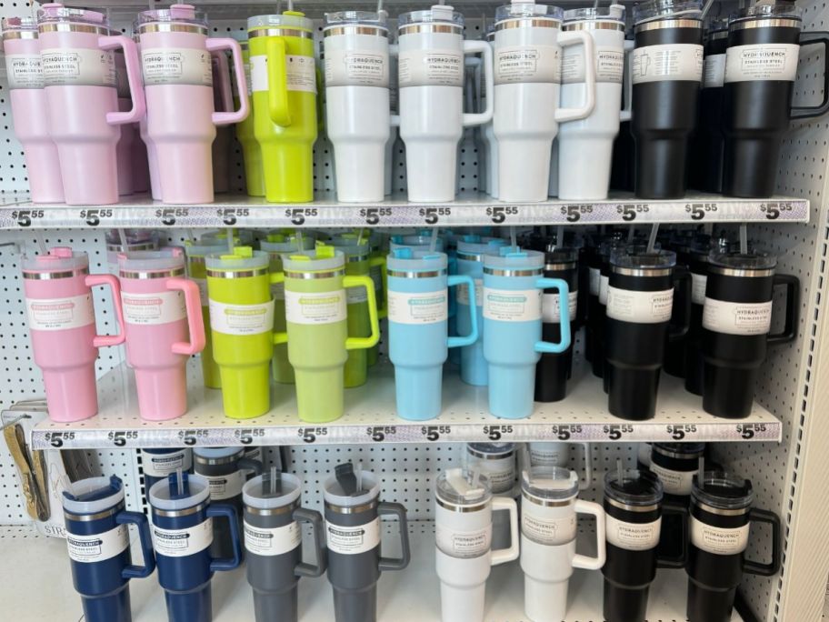 A shelf at 5 Below filled with Hydraquench Stainless Steel Insulated Tumblers in all different colors