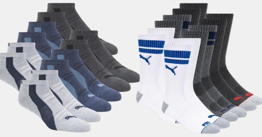 12 packs of PUMA men's socks, 1 set white, blues, greys, black low cut, 1 set crew cut white, black, blues, and greys