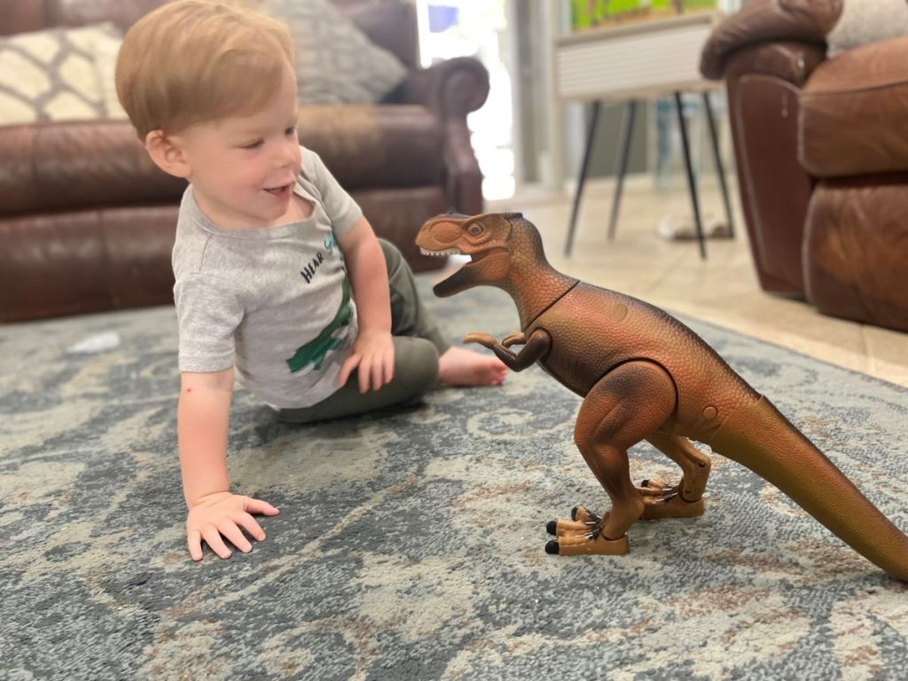 Boy sitting next to a toy dinosaur