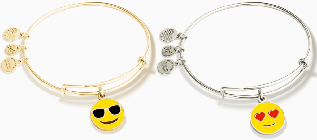 gold and silver bracelets with sunglasses and heart face emoji charms