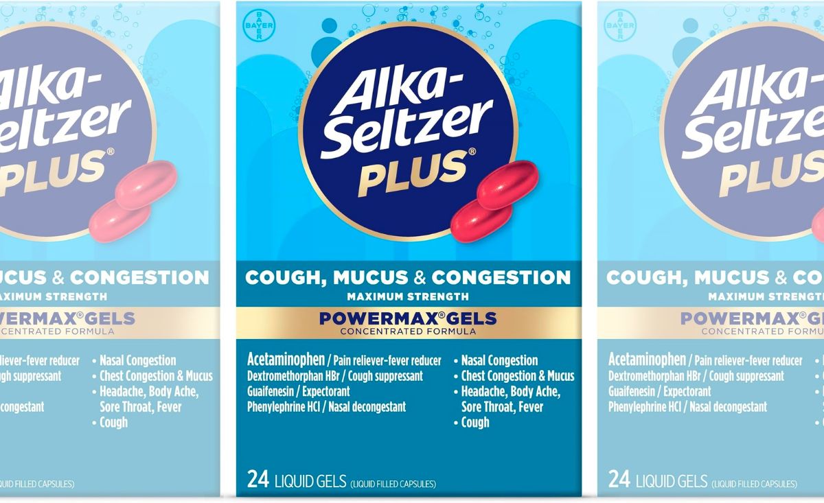 Alka-Seltzer Plus Maximum Strength Cough, Mucus &amp; Congestion Powermax Liquid Gels on white background stock image