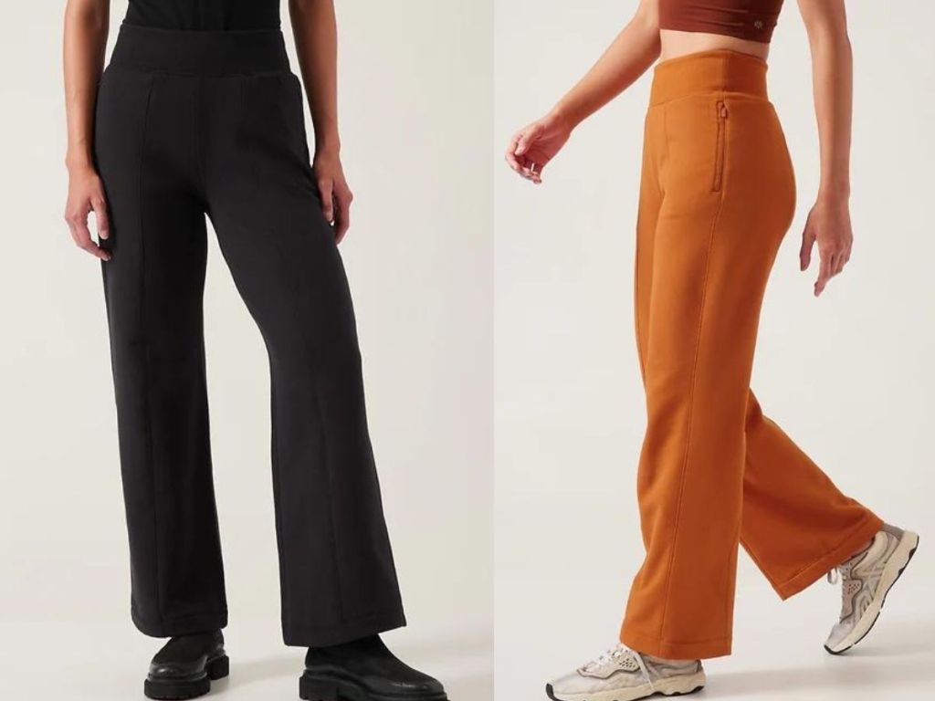 Stock images of models wearing Athleta pants in black and rust color