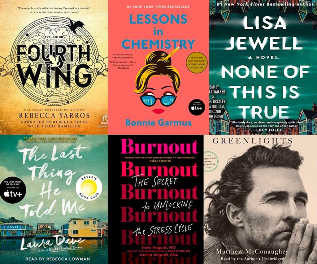 Audiobooks Covers including Fourth Wing, Lessons in Chemistry and more