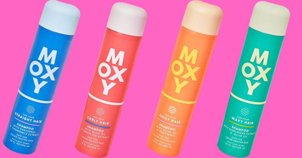 Moxy Straight, Curly, Coily and Wavy Shampoo bottles with hot pink background