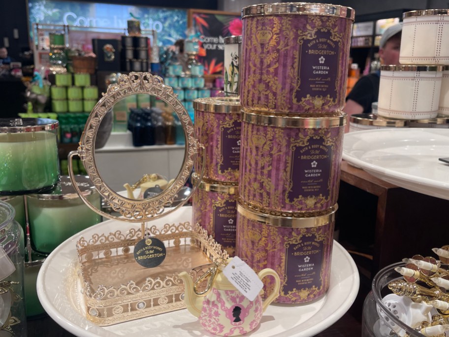 Bath and Body Works with Bridgerton Tea Pot PocketBac Holder Wisteria Garden 3-Wick Candle and Tilting Mirror Tray Body Care Tray