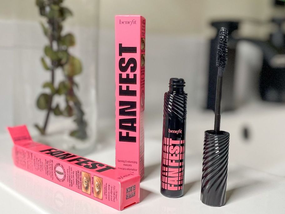 two Benefit Fan Fest Mascaras on a bathroom counter