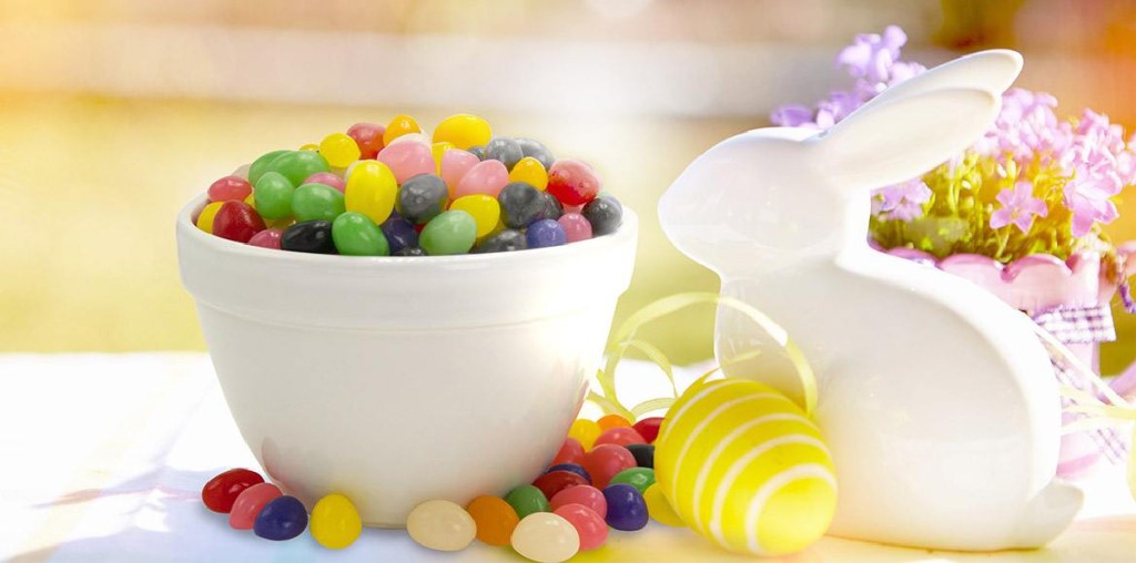 Brach's Jelly Beans displayed on table with easter bunny decoration