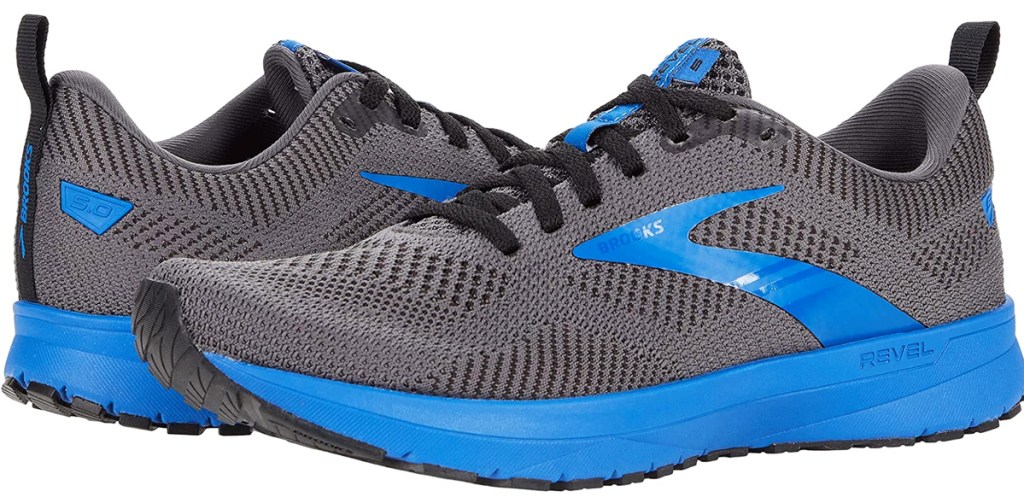 pair of grey and blue brooks running shoes