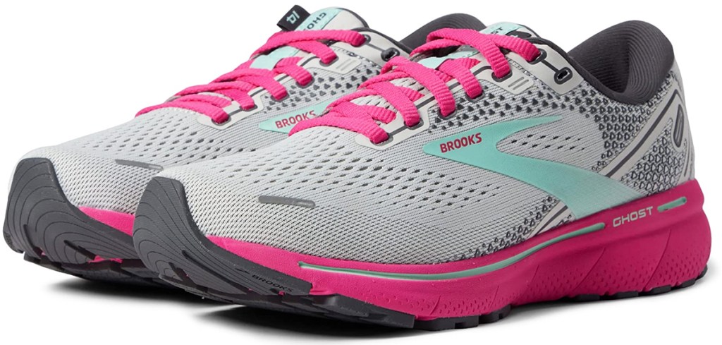 grey and pink brooks running shoes