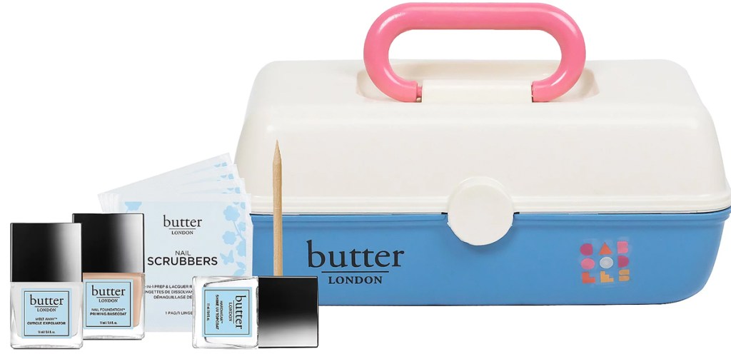 butter london nail products and white and blue caboodles case