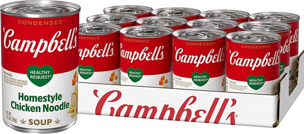 Case of Campbell's Healthy Request Chicken Noodle with a single can in front