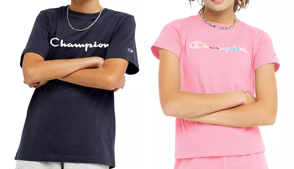 boy and girl in champion graphic tees