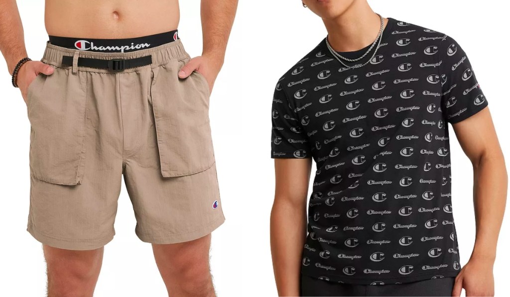 champion men's hike shorts and logo tee