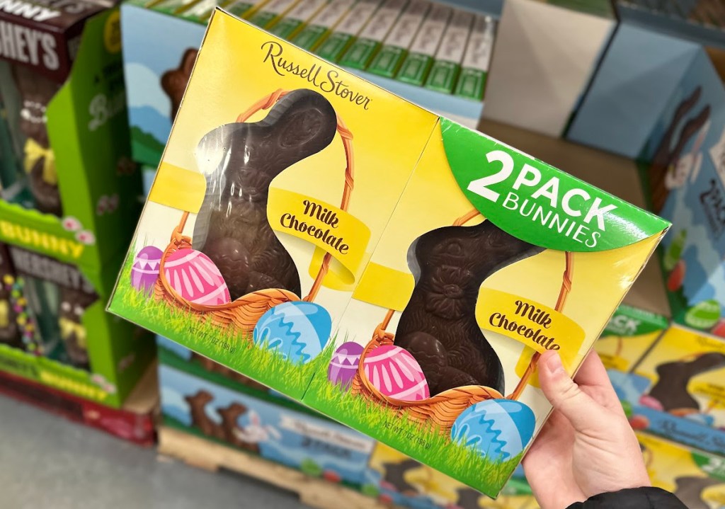 Man holding a 2-Pack of Russell Stover Chocolate Easter Bunnies