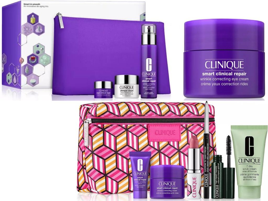 Two Clinique gift sets with skincare and makeup and an eye cream