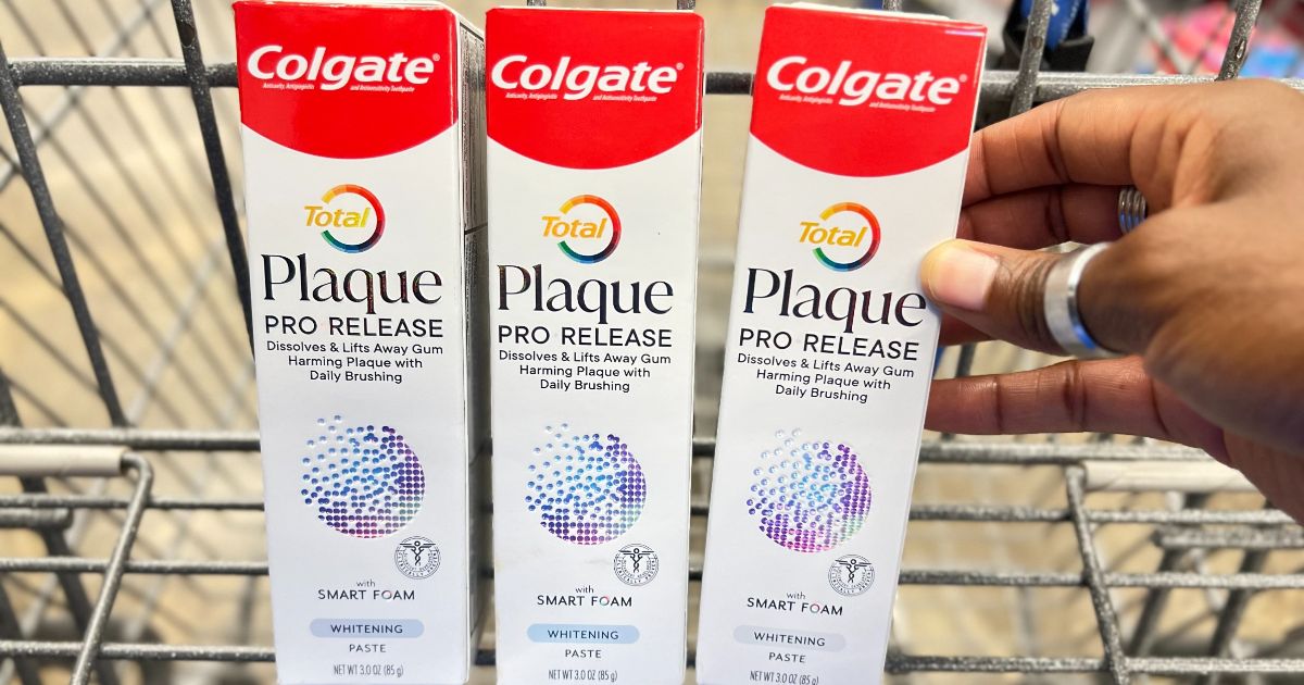 3 tubes of Colgate Total Plaque Pro Release Whitening Toothpaste in a shopping cart 