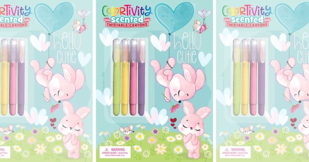 Three images of a Colortivity Activity Book with two bunnies on the front and crayons
