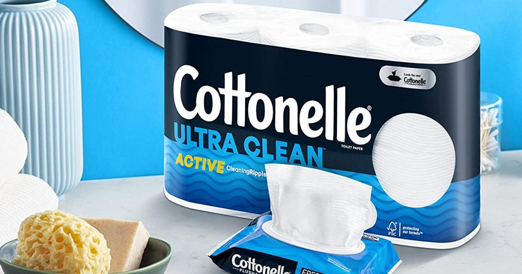 cottonelle toilet paper and wet wipes on bathroom counter