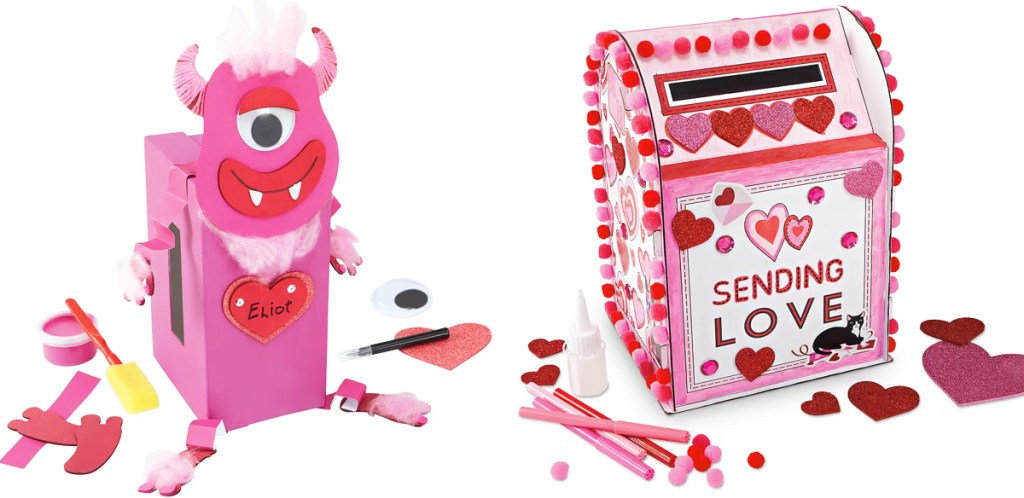 pink monster and pompom decorated mailbox Valentine's Day craft kits