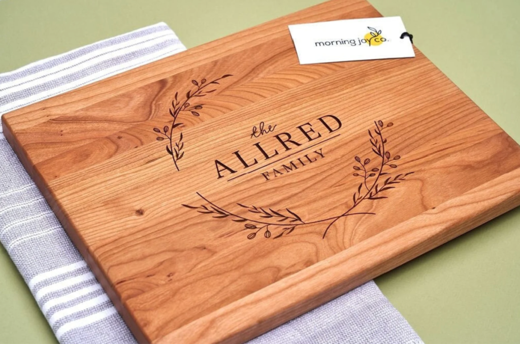A personalized cutting board from Morning Joy Co., one of the top Black owned Etsy shops