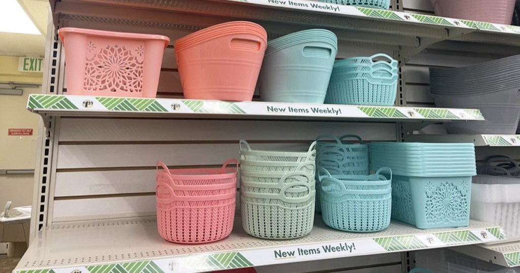 pastel plastic storage baskets on store shelves
