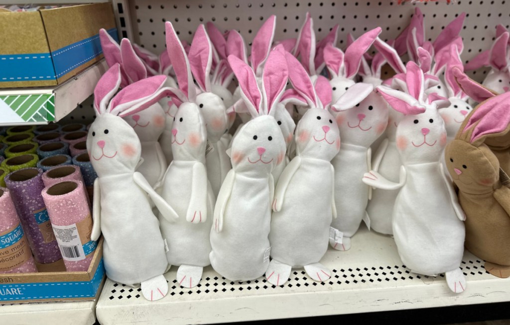 Easter Bunny Plushies on shelf at Dollar Tree