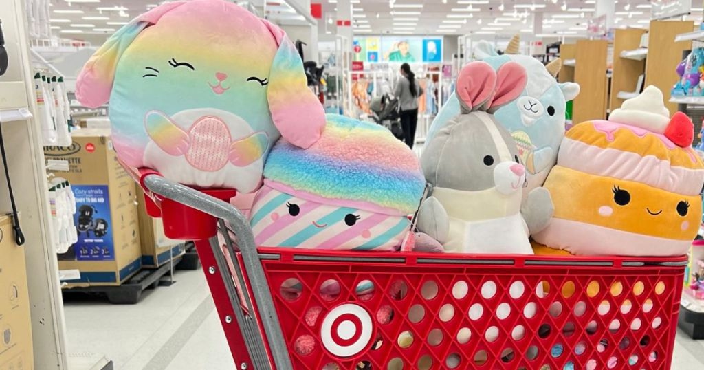 Target shopping cart filled with Easter Squishmallows