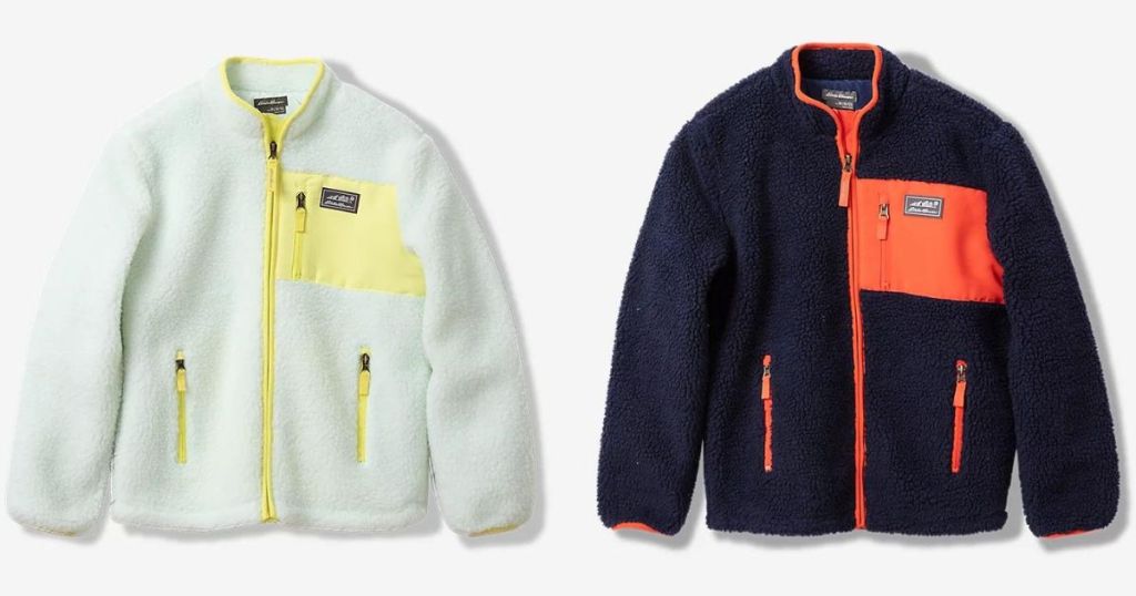 A light blue and yellow fleece jacket next to a dark blue and orange fleece jacket