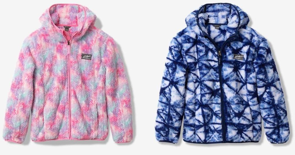 Two Eddie Bauer fleece jackets. One is a pink, purple and blue color combo and the other is blue and white.