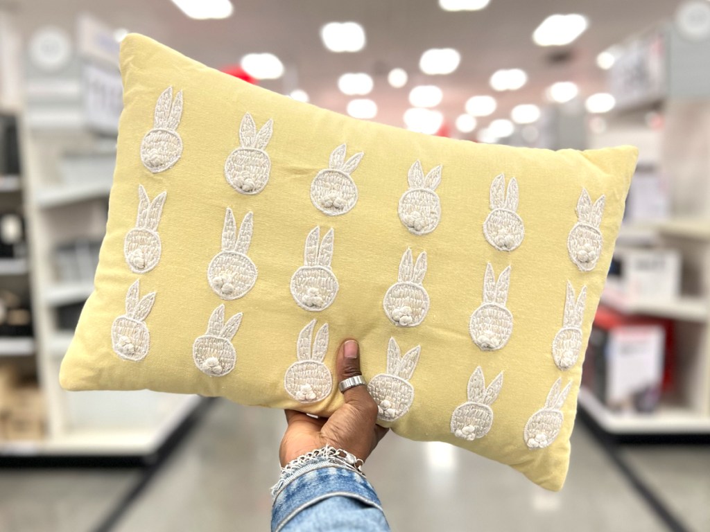 Embroidered Bunny Easter Lumbar Throw Pillow being held by woman in Target