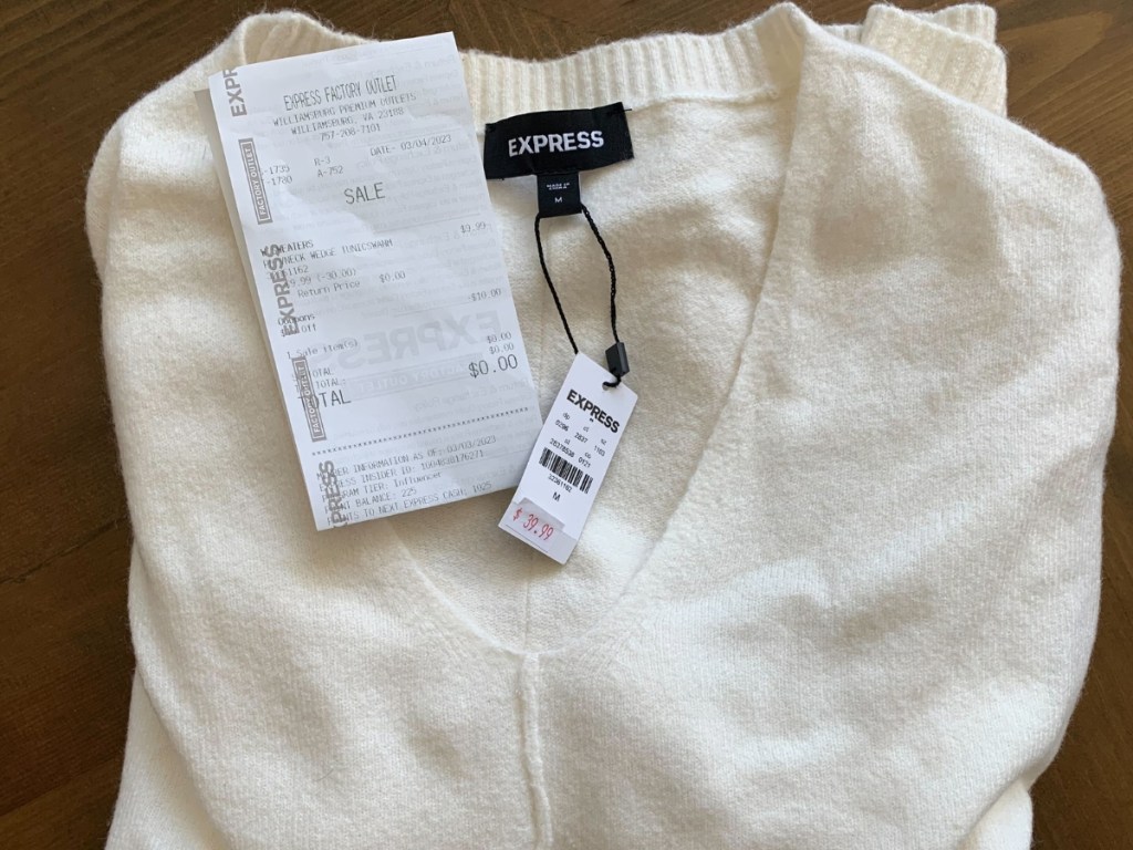 express sweater with receipt and tag