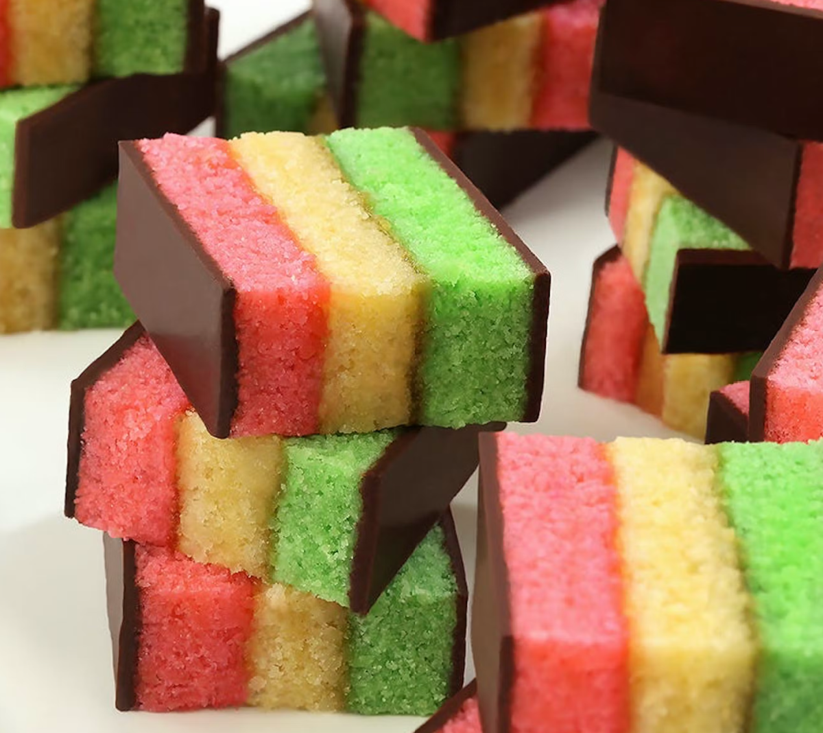 A stack of rainbow cookies from Ferrara Bakery