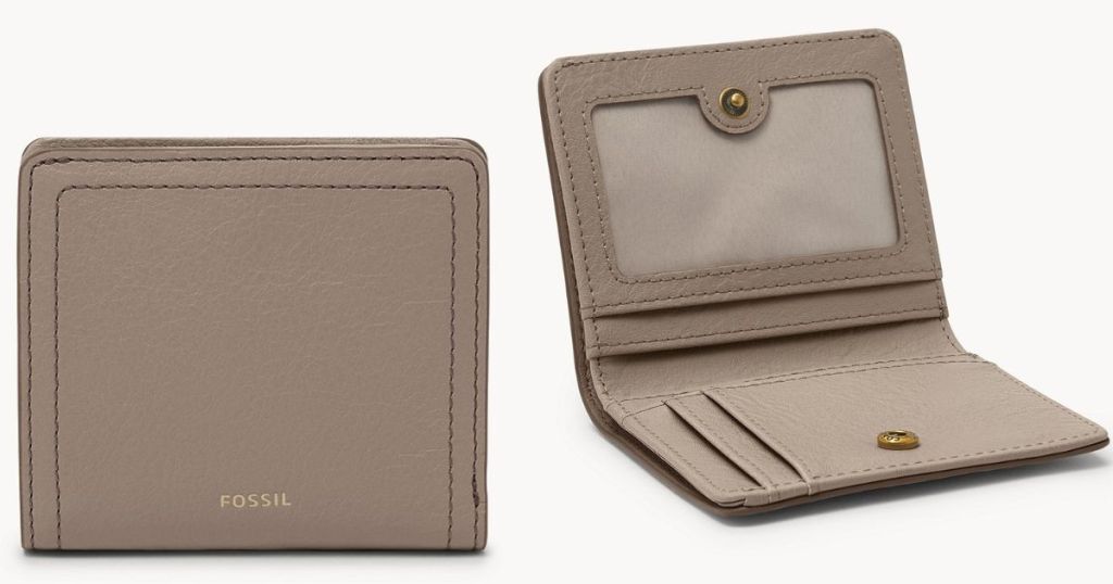 Outside of a tan wallet and the inside of a tan wallet