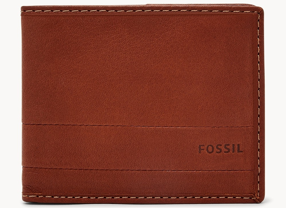 Tan bifold wallet with the word FOSSIL on it