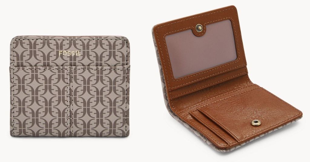 Tan Fossil wallet exterior and interior with Fossil design printed on exterior
