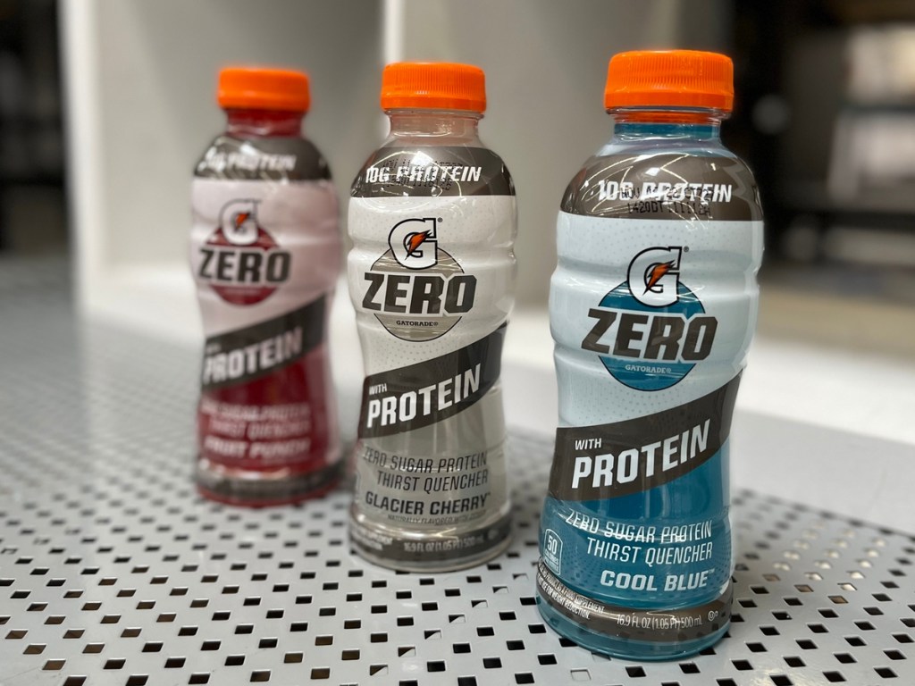 red, clear, and blue bottles of Gatorade Zero with Protein