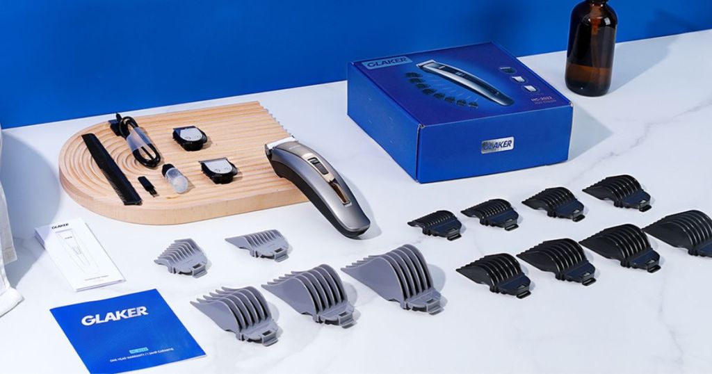 Glaker Men’s Professional Hair Clippers Set with all accessories laid out on table
