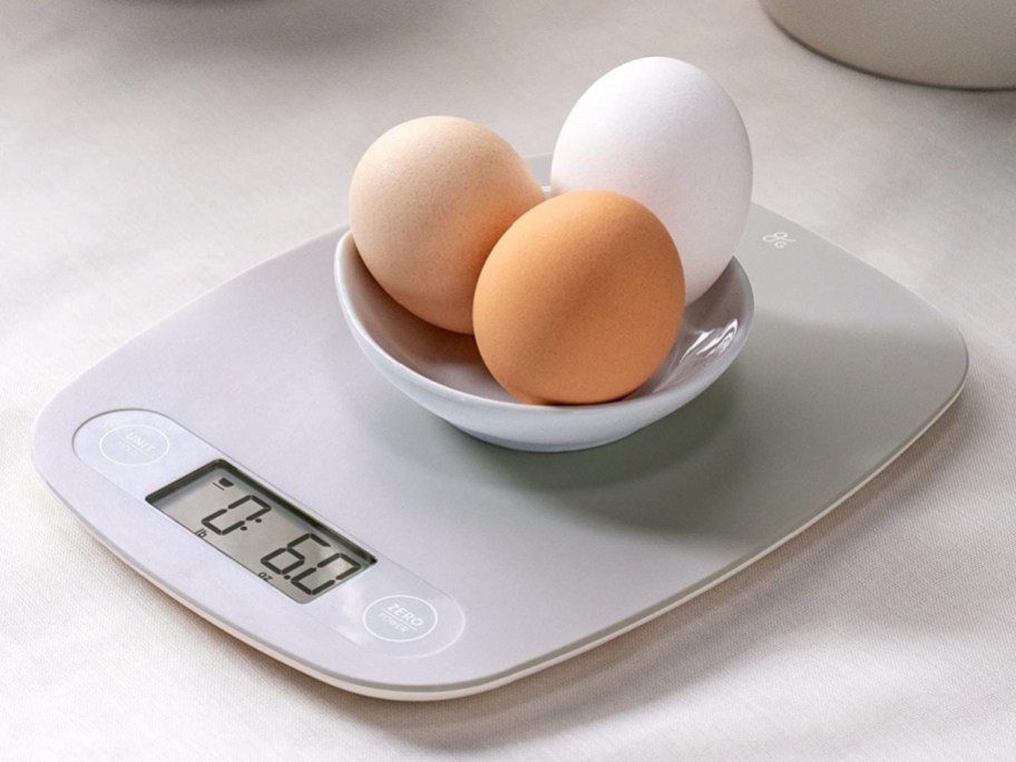 bowl of eggs being measured on Greater Goods Food Scale