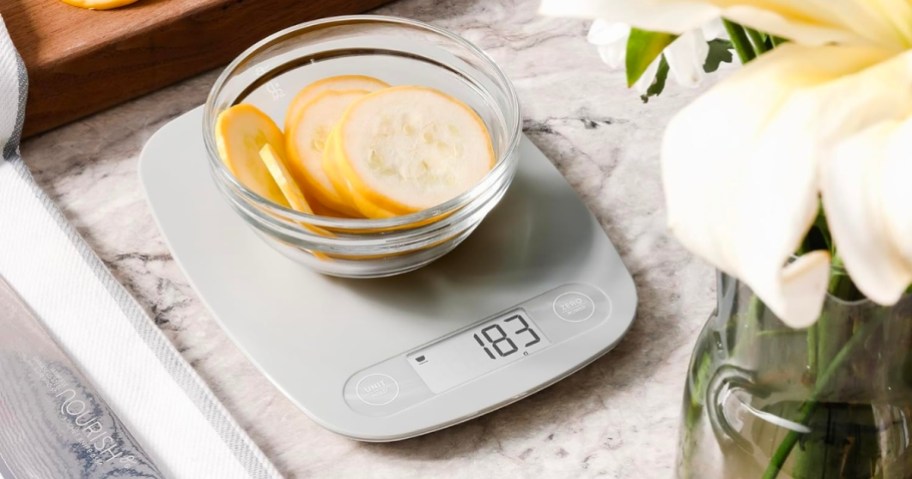 greater goods food scale on counter in ash gray with lemon slices