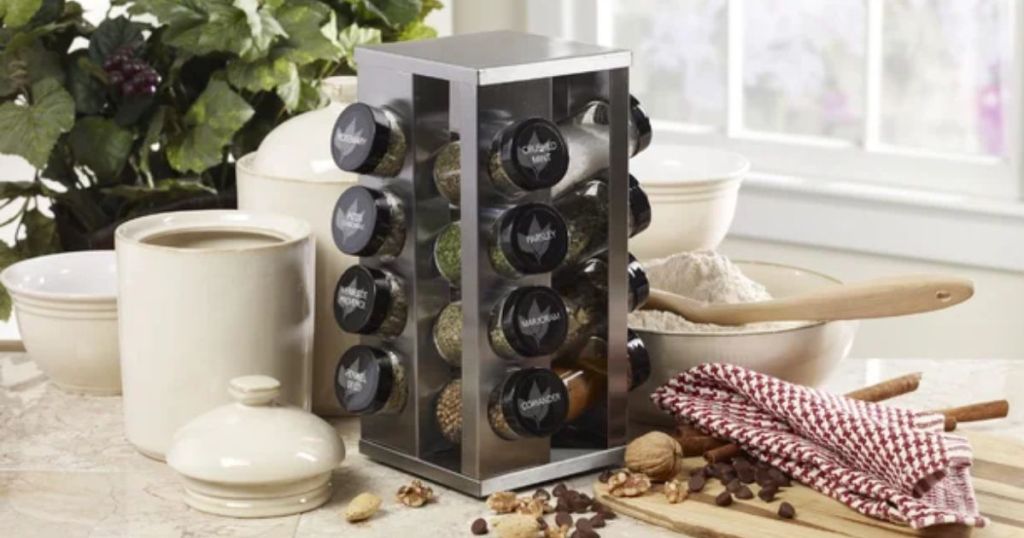 Kamenstein stainless steel revolving spice rack with spice jars on counter