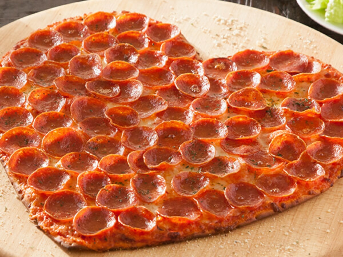 Donatos heart-shaped pizza topped with pepperoni