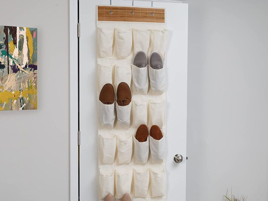 bamboo and white over-the-door shoe rack