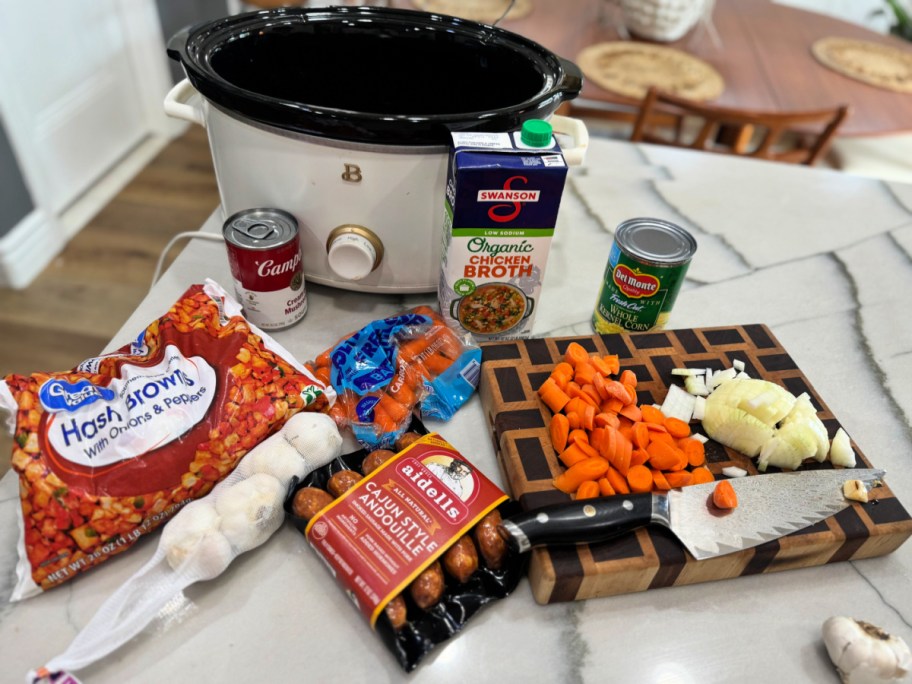 ingredients to make game day sausage and potato chowder 